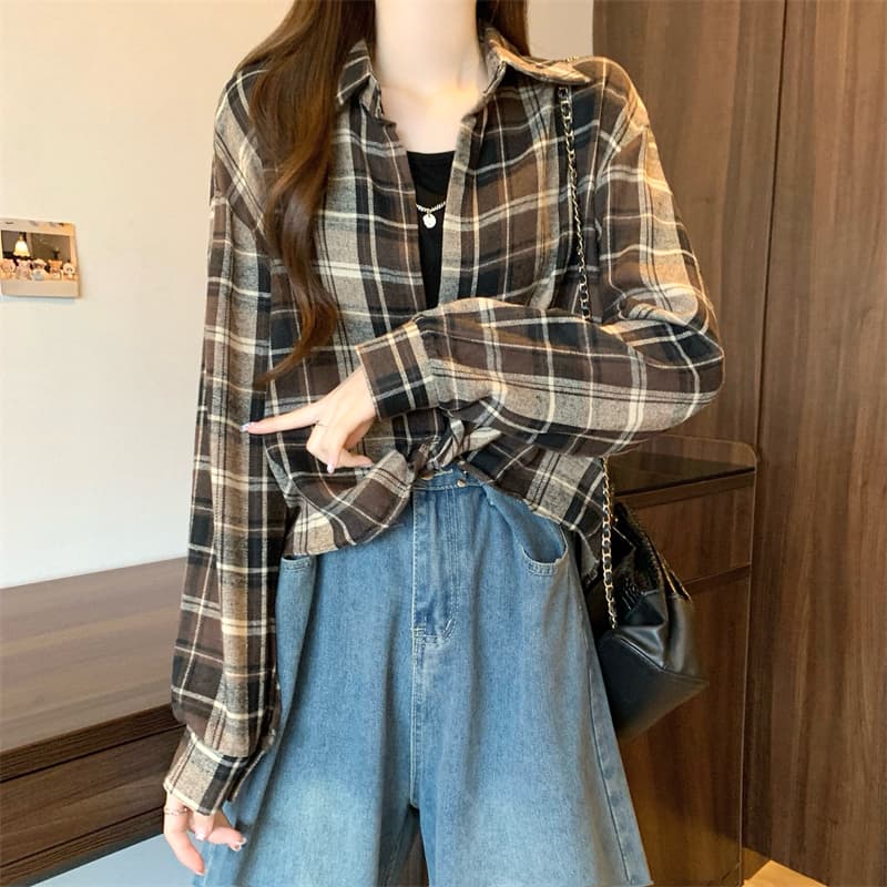 실사 정가 새 버전 한 바람 디자인 센스 터틀넥 체크무늬 긴팔 셔츠 인사이드 가져 가라. 조끼 슬립 세트 상세 이미지 19