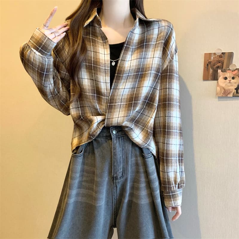 실사 정가 새 버전 한 바람 디자인 센스 터틀넥 체크무늬 긴팔 셔츠 인사이드 가져 가라. 조끼 슬립 세트 상세 이미지 14
