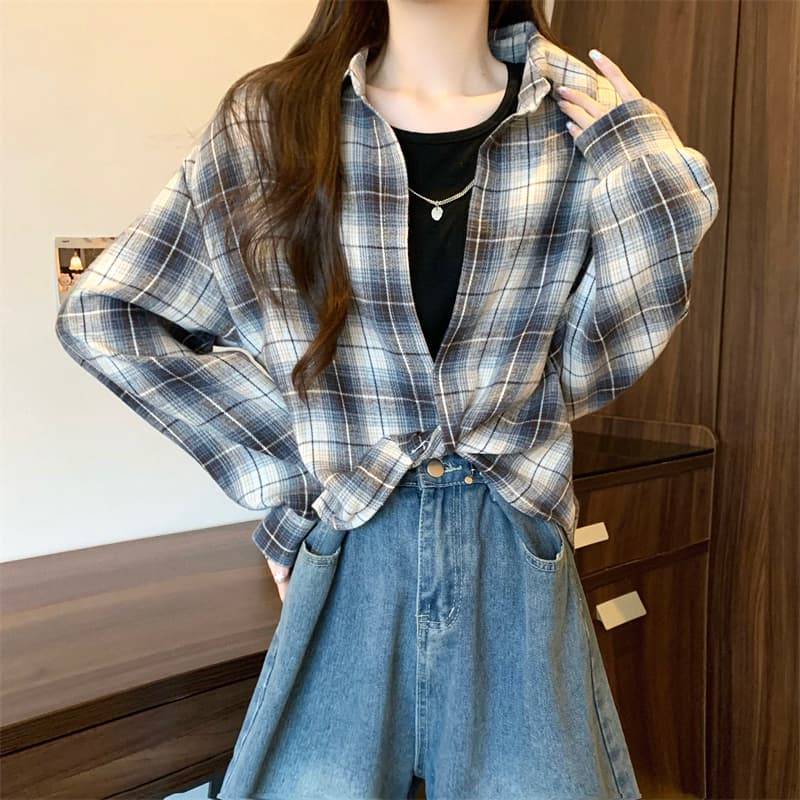 실사 정가 새 버전 한 바람 디자인 센스 터틀넥 체크무늬 긴팔 셔츠 인사이드 가져 가라. 조끼 슬립 세트 상세 이미지 21