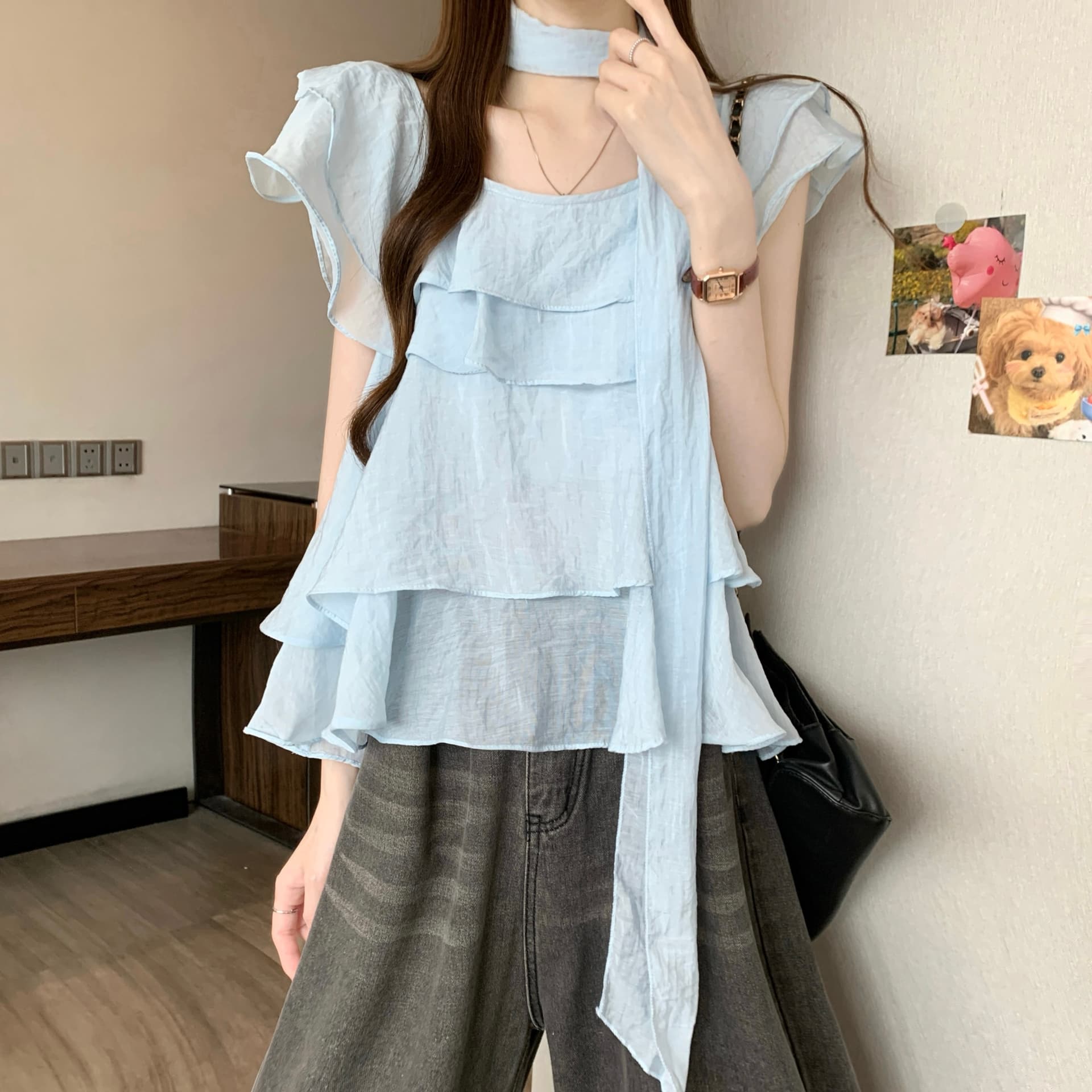 실사 정가 새 버전 한 바람 디자인 센스 연령 감소 프릴 불규칙 광장 칼라 Feifei 소매 셔츠 상세 이미지 19