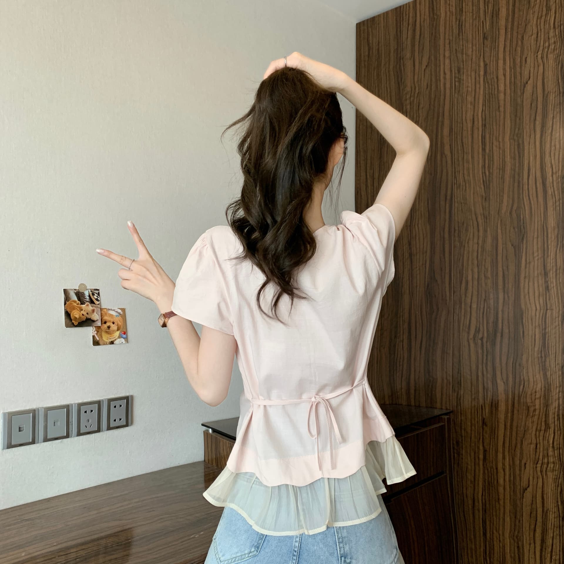 실사 정가 새 버전 한 바람 디자인 센스 프릴 반팔 셔츠 허리 수축 인형 셔츠 상세 이미지 11