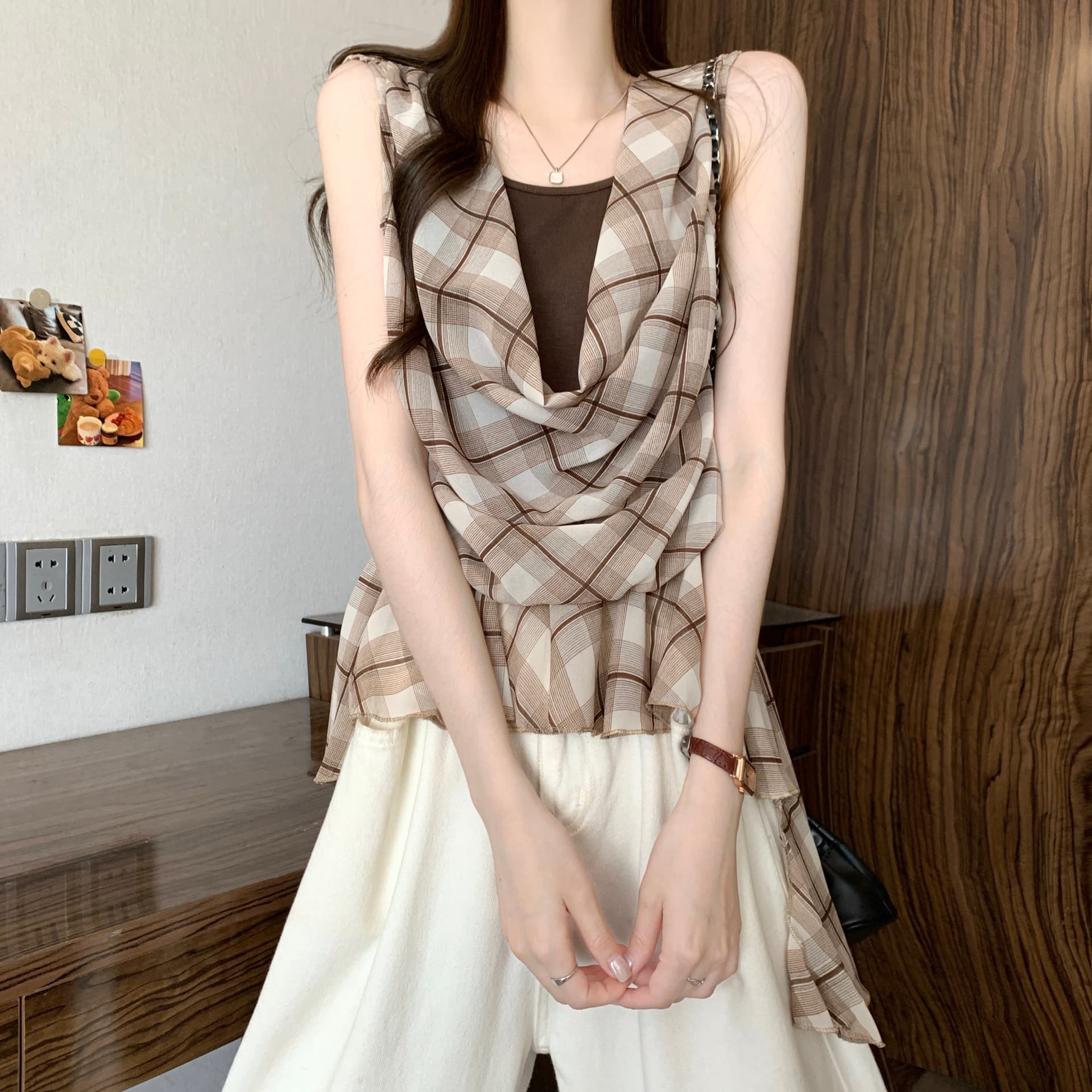 실사 정가 새 버전 한 바람 디자인 센스 불규칙 리본 민소매 페이크 레이어드 체크무늬 맨위 상세 이미지 8