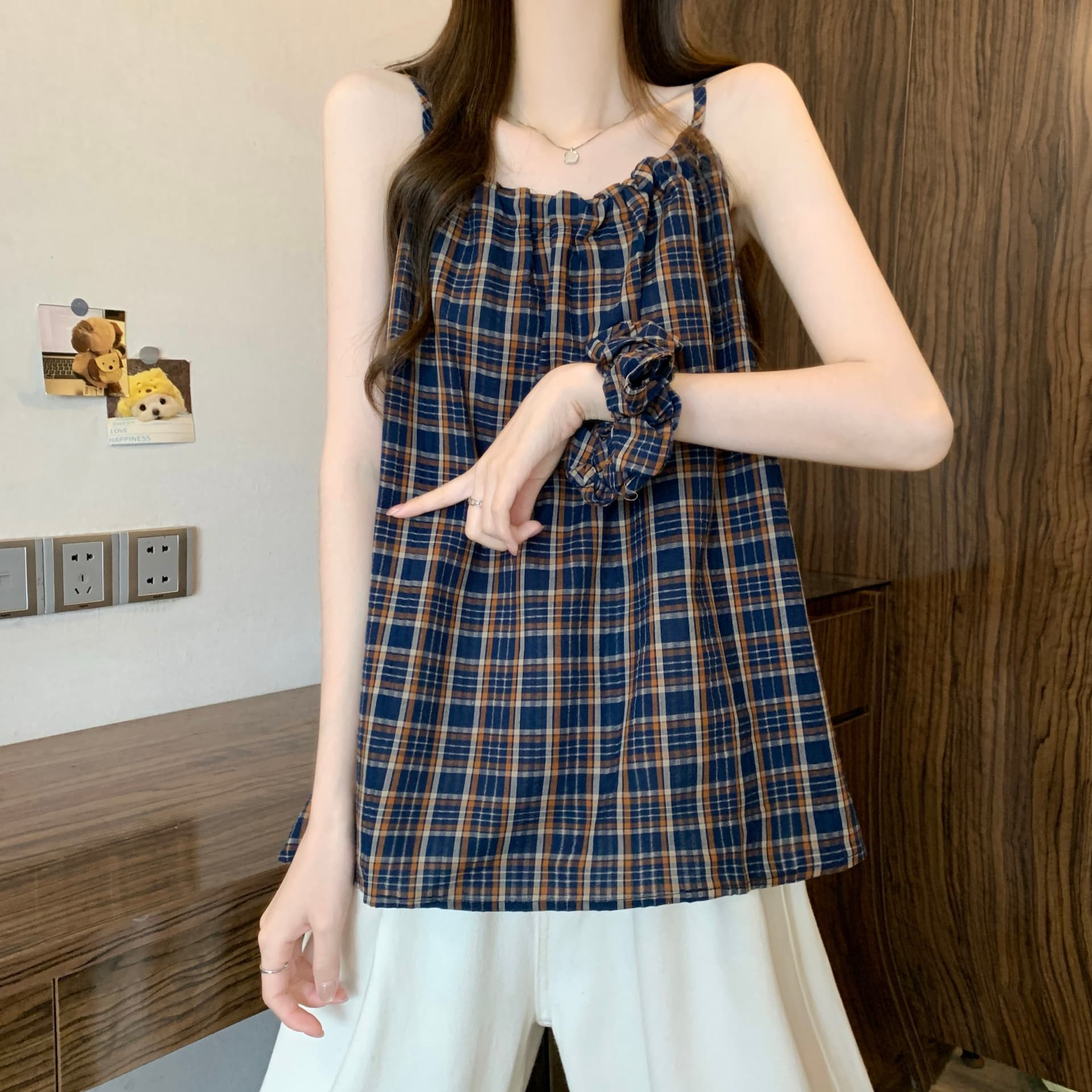 실사 정가 새 버전 한 바람 디자인 센스 슬립 배색 체크무늬 조끼 슬립 머리카락 서클 이미지 4