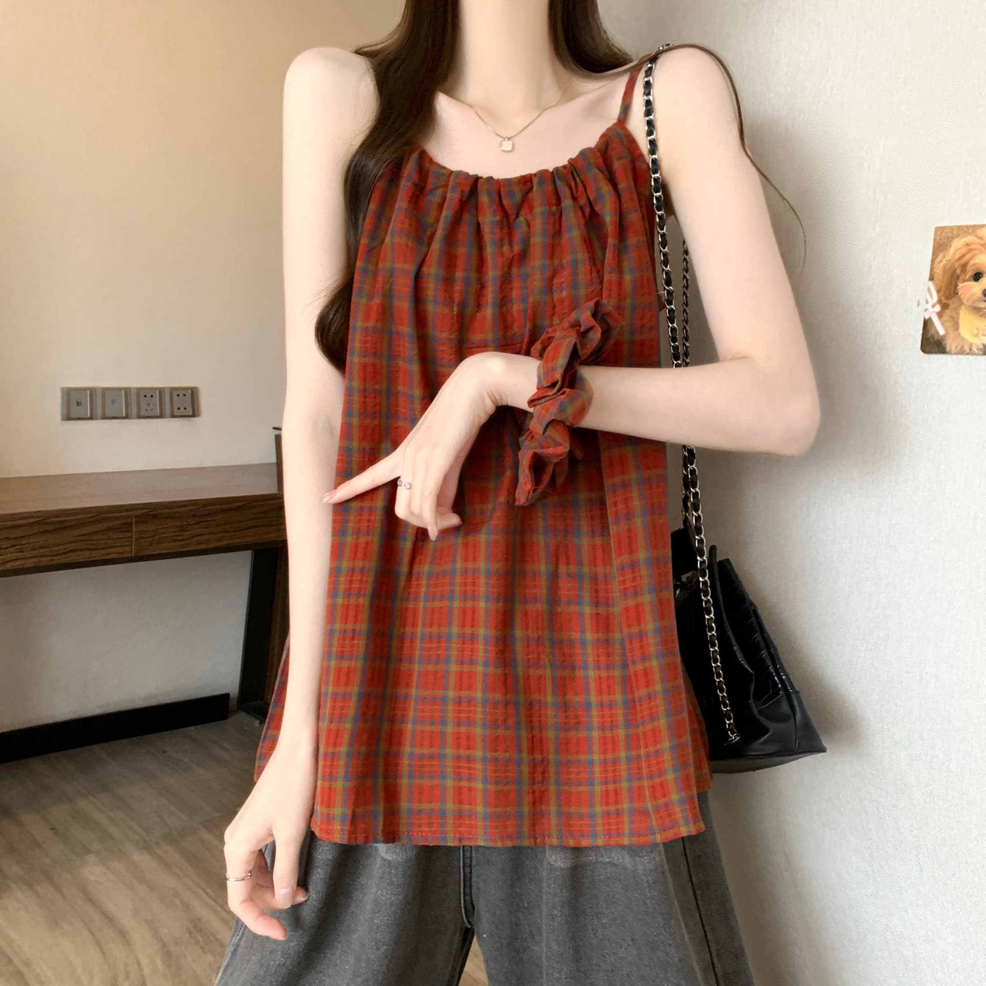 실사 정가 새 버전 한 바람 디자인 센스 슬립 배색 체크무늬 조끼 슬립 머리카락 서클 상세 이미지 8