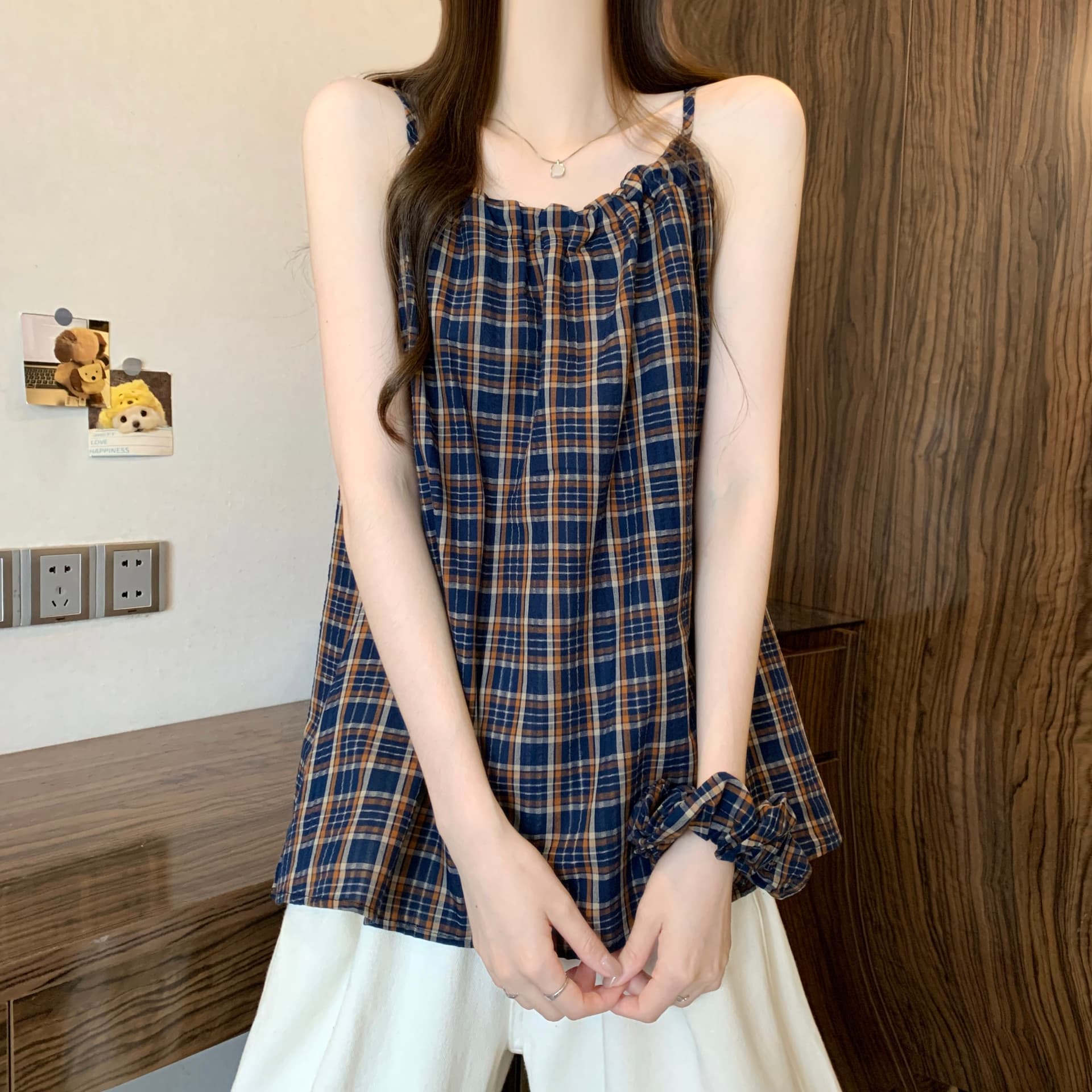 실사 정가 새 버전 한 바람 디자인 센스 슬립 배색 체크무늬 조끼 슬립 머리카락 서클 상세 이미지 15
