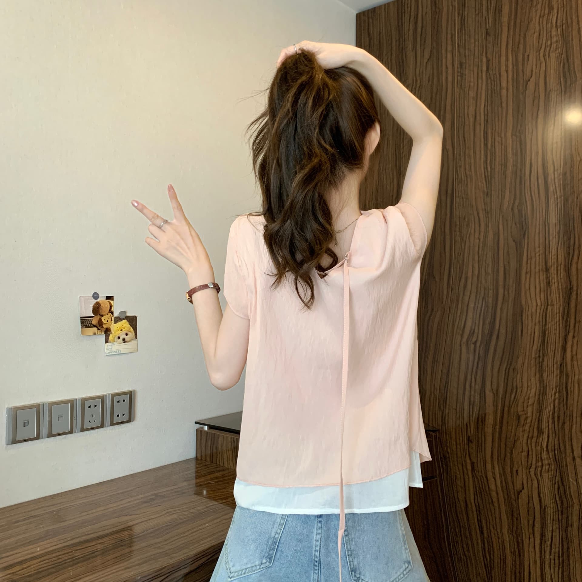 실사 정가 새 버전 한 바람 디자인 센스 배색 비틀림 페이크 레이어드 반팔 티셔츠 맨위 상세 이미지 14