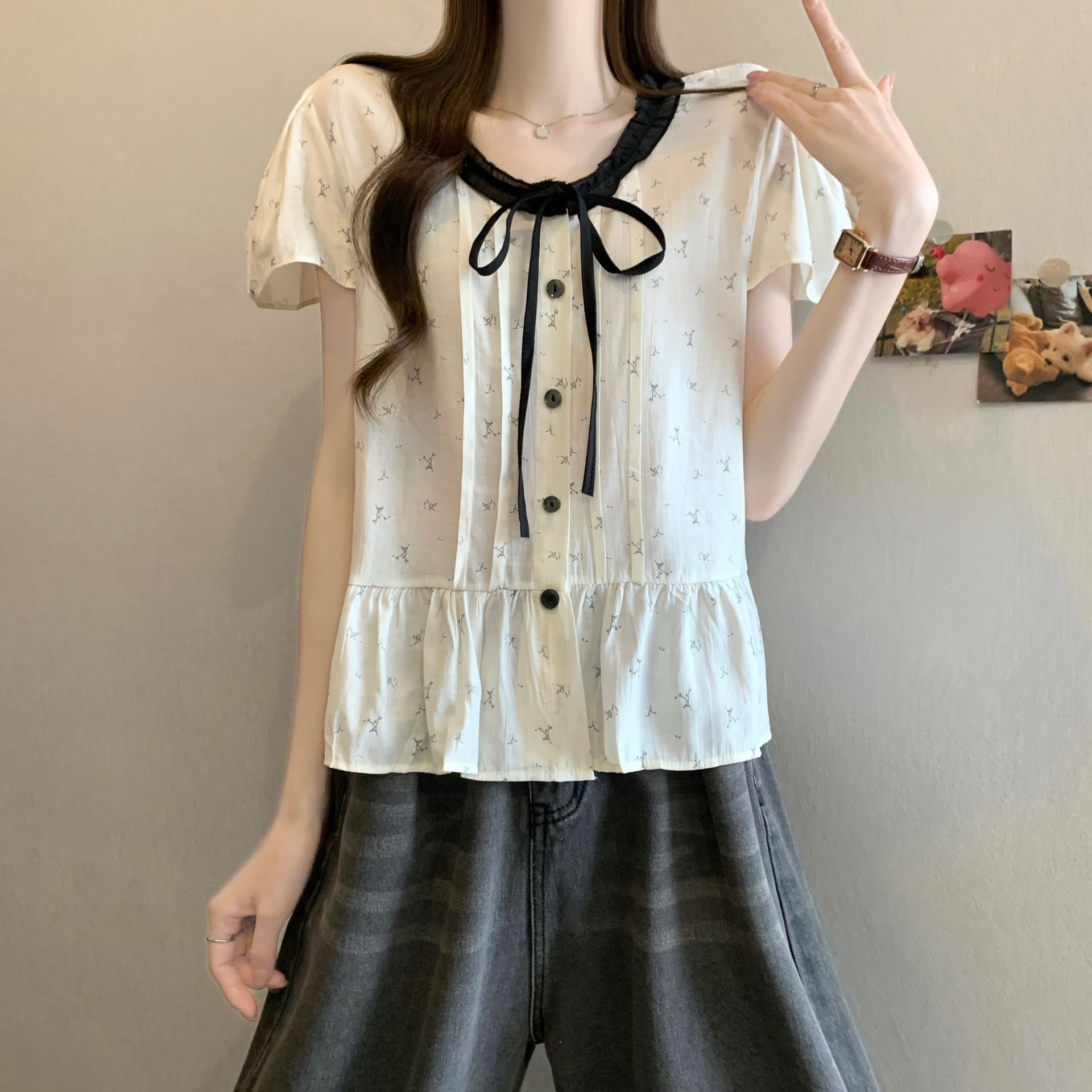 실사 정가 새 버전 한 바람 디자인 센스 꽃무늬 패치워크 색상 레이스업 패치워크 반팔 셔츠 상세 이미지 7