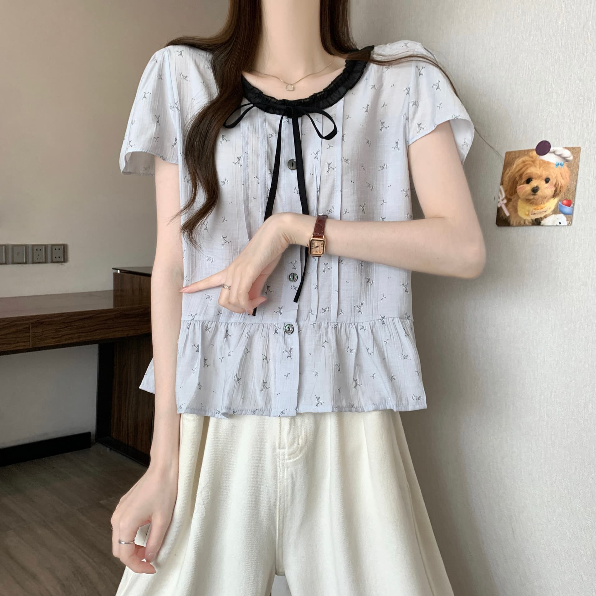 실사 정가 새 버전 한 바람 디자인 센스 꽃무늬 패치워크 색상 레이스업 패치워크 반팔 셔츠 상세 이미지 11