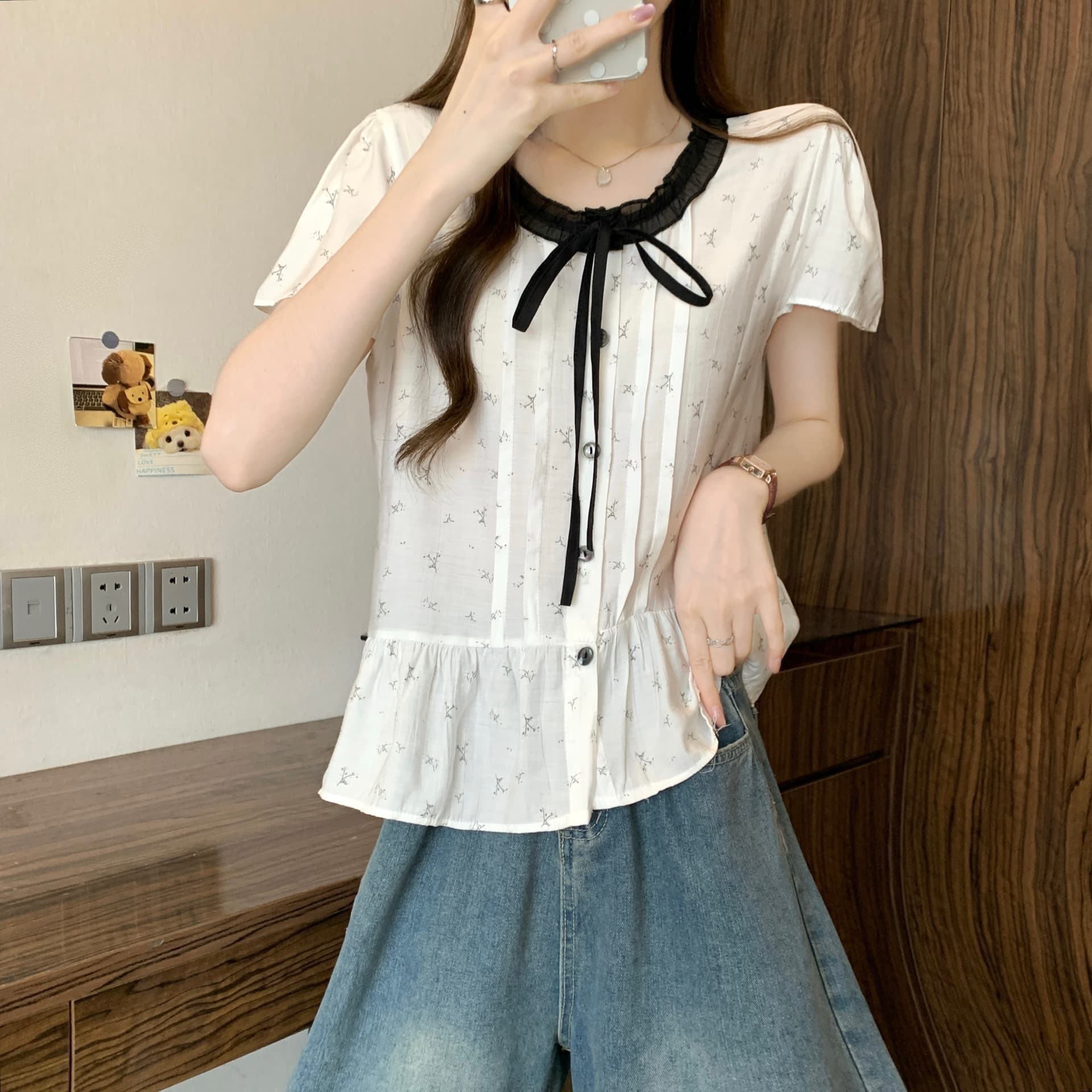 실사 정가 새 버전 한 바람 디자인 센스 꽃무늬 패치워크 색상 레이스업 패치워크 반팔 셔츠 상세 이미지 15
