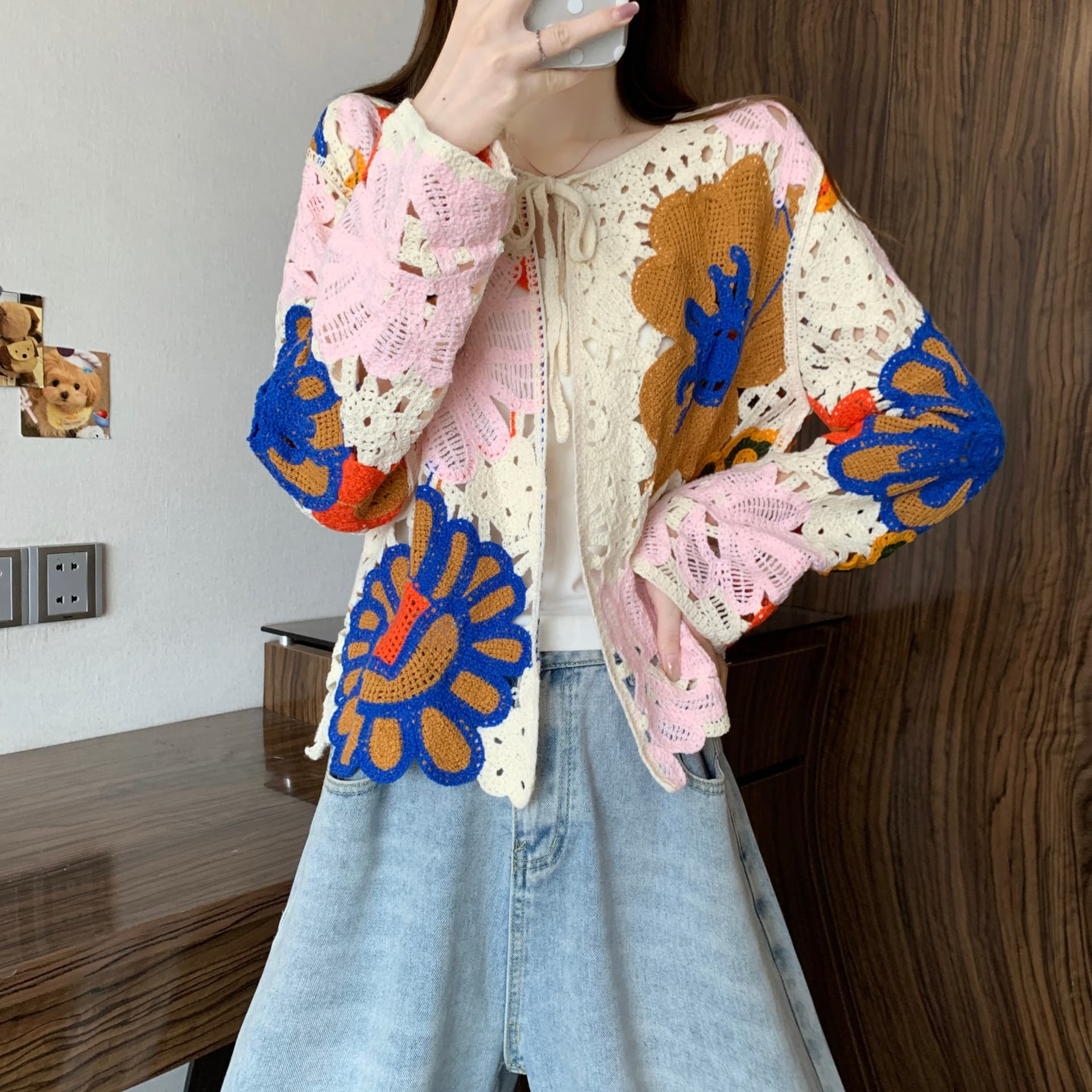 실사 정가 새 버전 한 바람 디자인 센스 민족 스타일 자수 자수 홀로우 아웃 자외선 차단 오픈 가디건 이미지 2