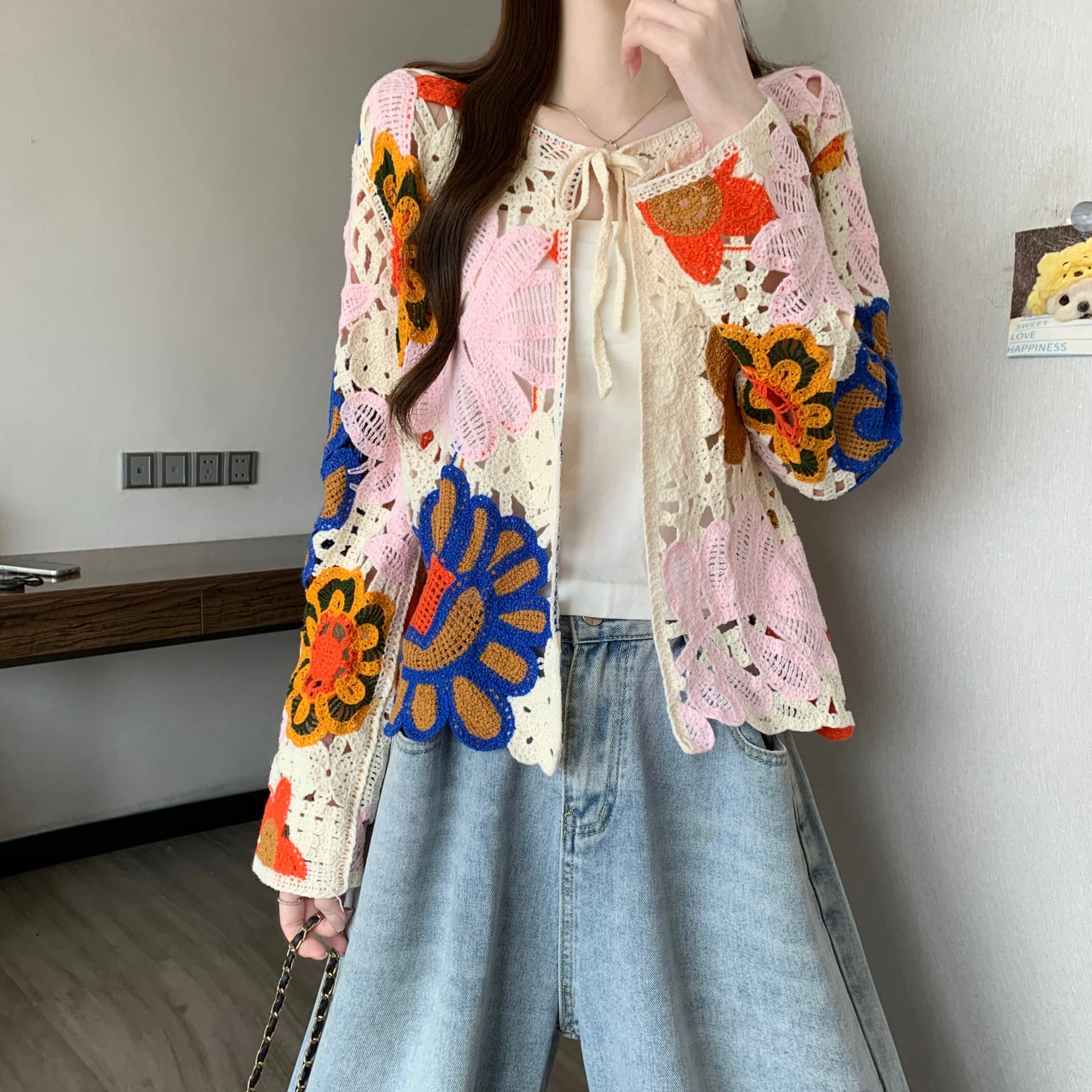 실사 정가 새 버전 한 바람 디자인 센스 민족 스타일 자수 자수 홀로우 아웃 자외선 차단 오픈 가디건 상세 이미지 11