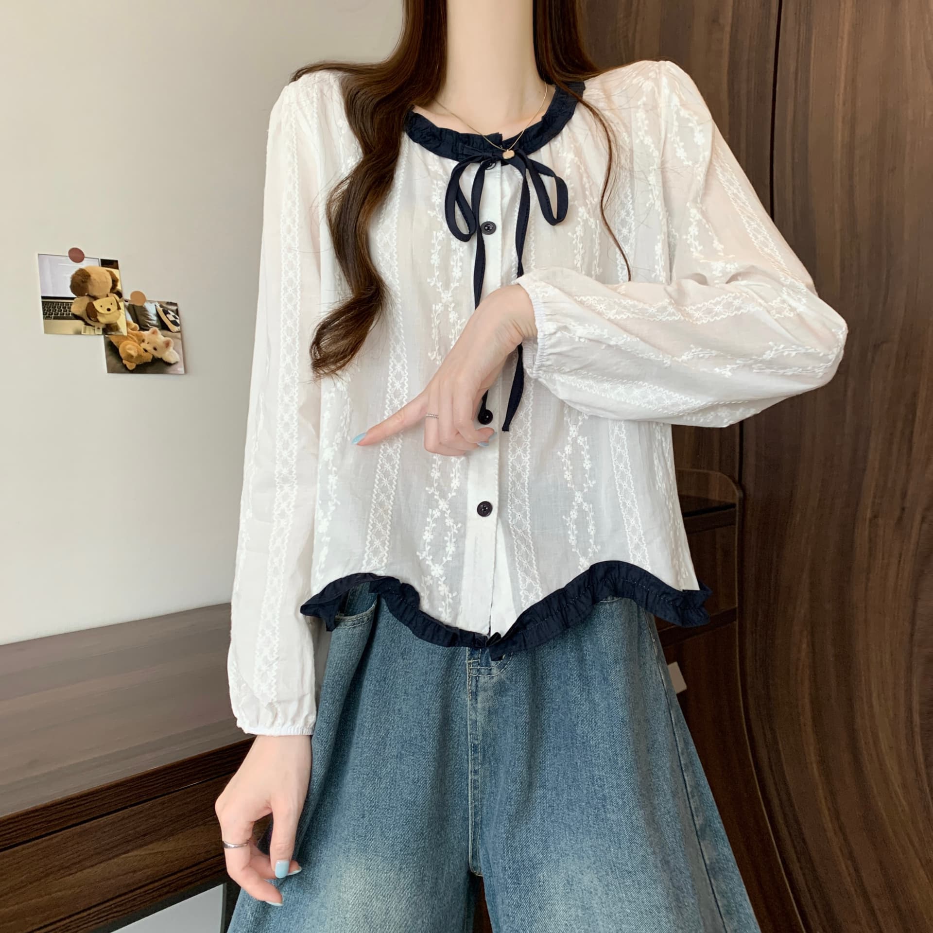 실사 정가 새 버전 한 바람 디자인 센스 목이버섯 레이스 레이스업 패치워크 긴팔 셔츠 상세 이미지 9