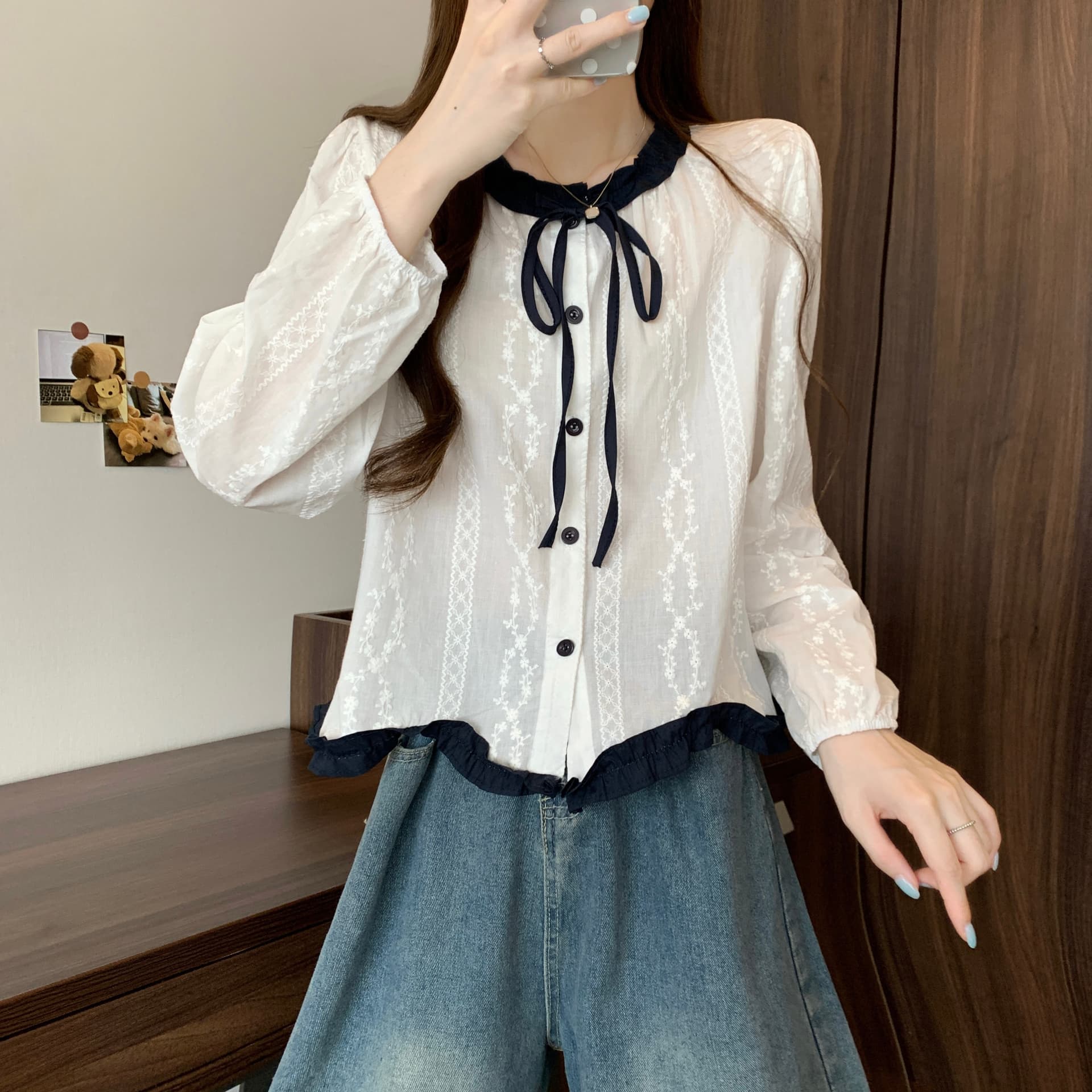 실사 정가 새 버전 한 바람 디자인 센스 목이버섯 레이스 레이스업 패치워크 긴팔 셔츠 상세 이미지 12