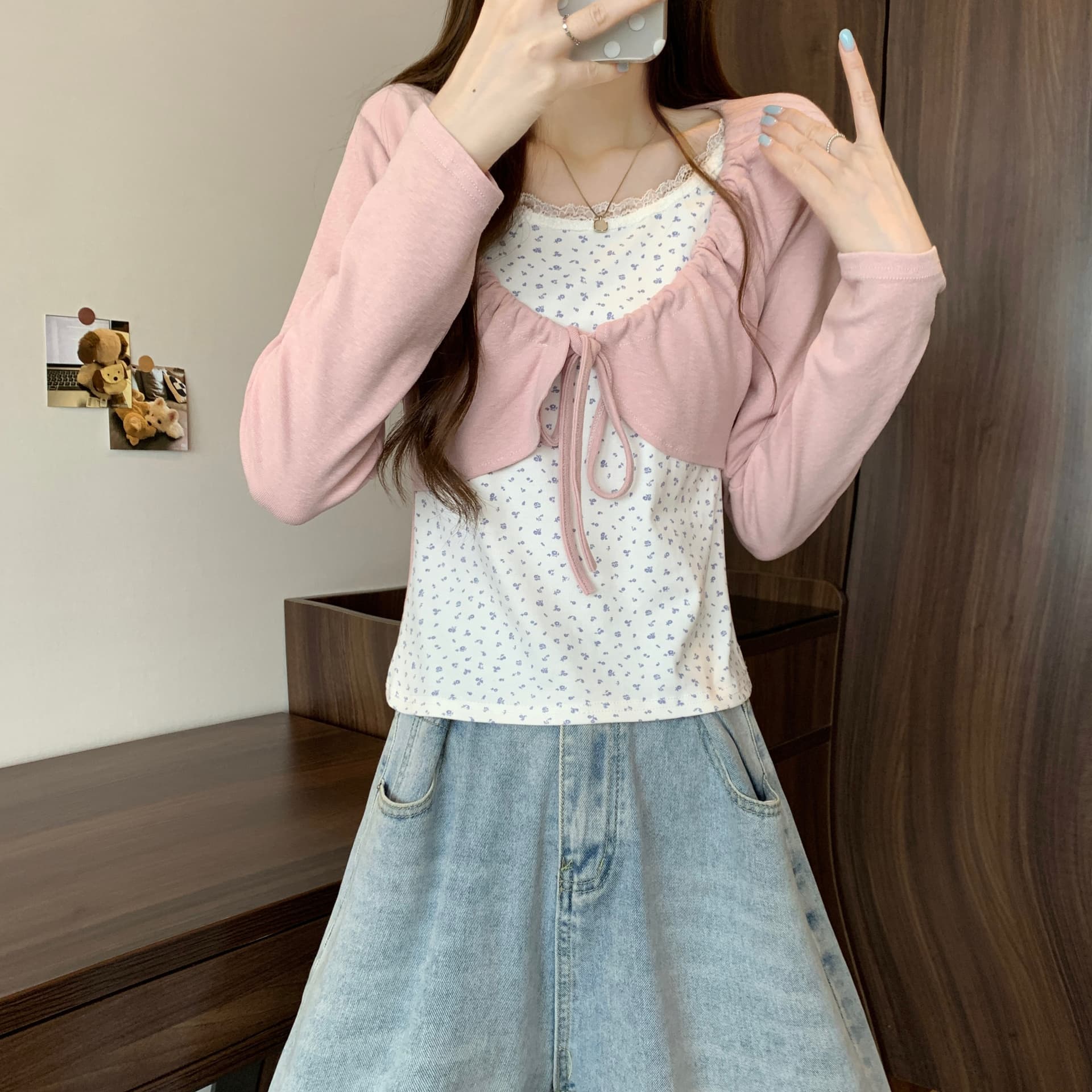 실사 정가 새 버전 한 바람 디자인 센스 꽃무늬 패치워크 페이크 레이어드 몸매 가꾸기 긴팔 티셔츠 상세 이미지 9