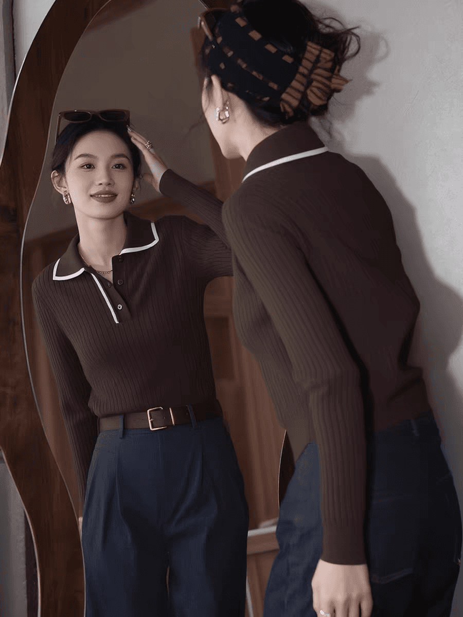 한 부서 레트로 커피 색상 POLO 칼라 구덩이 기사 니트 스웨터 2026 가을 새로운 패션 다용도 긴팔 만나는 맨위 이미지 4