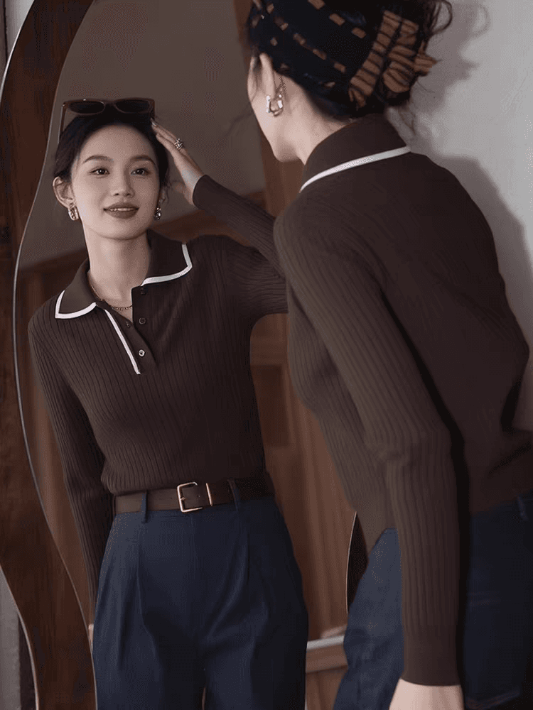 한 부서 레트로 커피 색상 POLO 칼라 구덩이 기사 니트 스웨터 2026 가을 새로운 패션 다용도 긴팔 만나는 맨위 상세 이미지 1