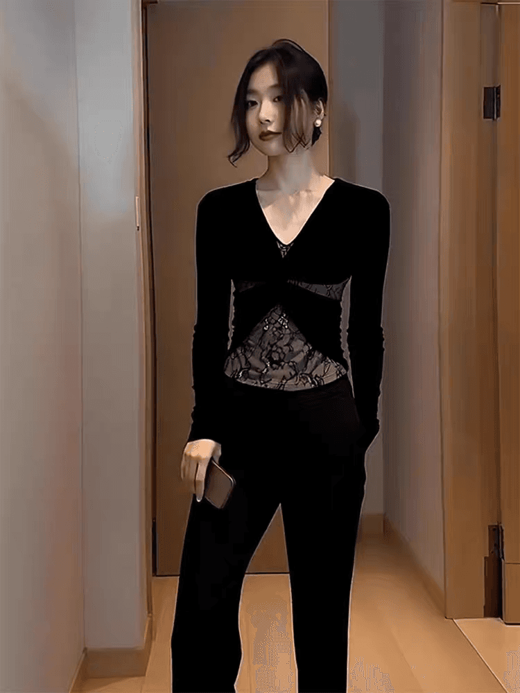 섹시함 달콤한 핫걸 검정색 레이스 조각 기본 셔츠 여성 인사이드 가져 가라. 가을 겨울철 몸매 가꾸기 벨벳 긴팔 V넥 맨위 상세 이미지 5