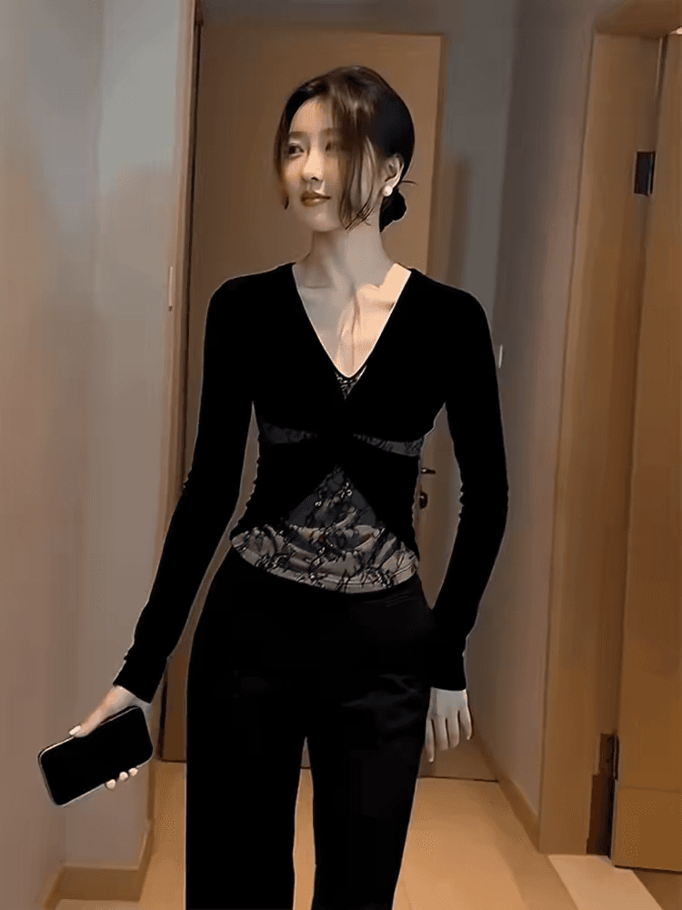 섹시함 달콤한 핫걸 검정색 레이스 조각 기본 셔츠 여성 인사이드 가져 가라. 가을 겨울철 몸매 가꾸기 벨벳 긴팔 V넥 맨위 상세 이미지 2