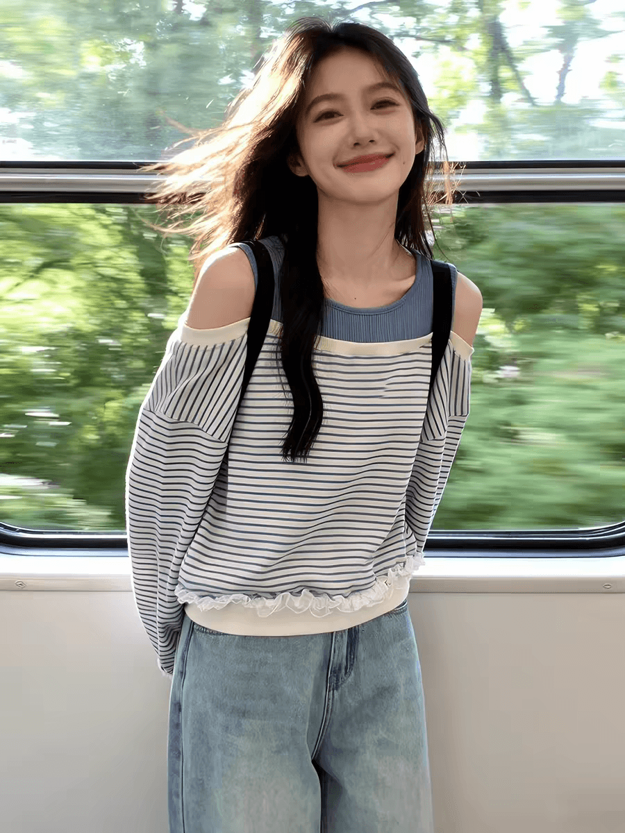 가을 고유 한 핫걸 chic 파란색 스트라이프 긴팔 티셔츠 여성 디자인 센스 루즈핏 슬림해 보이는 오프숄더 아름다운 맨위 이미지 3