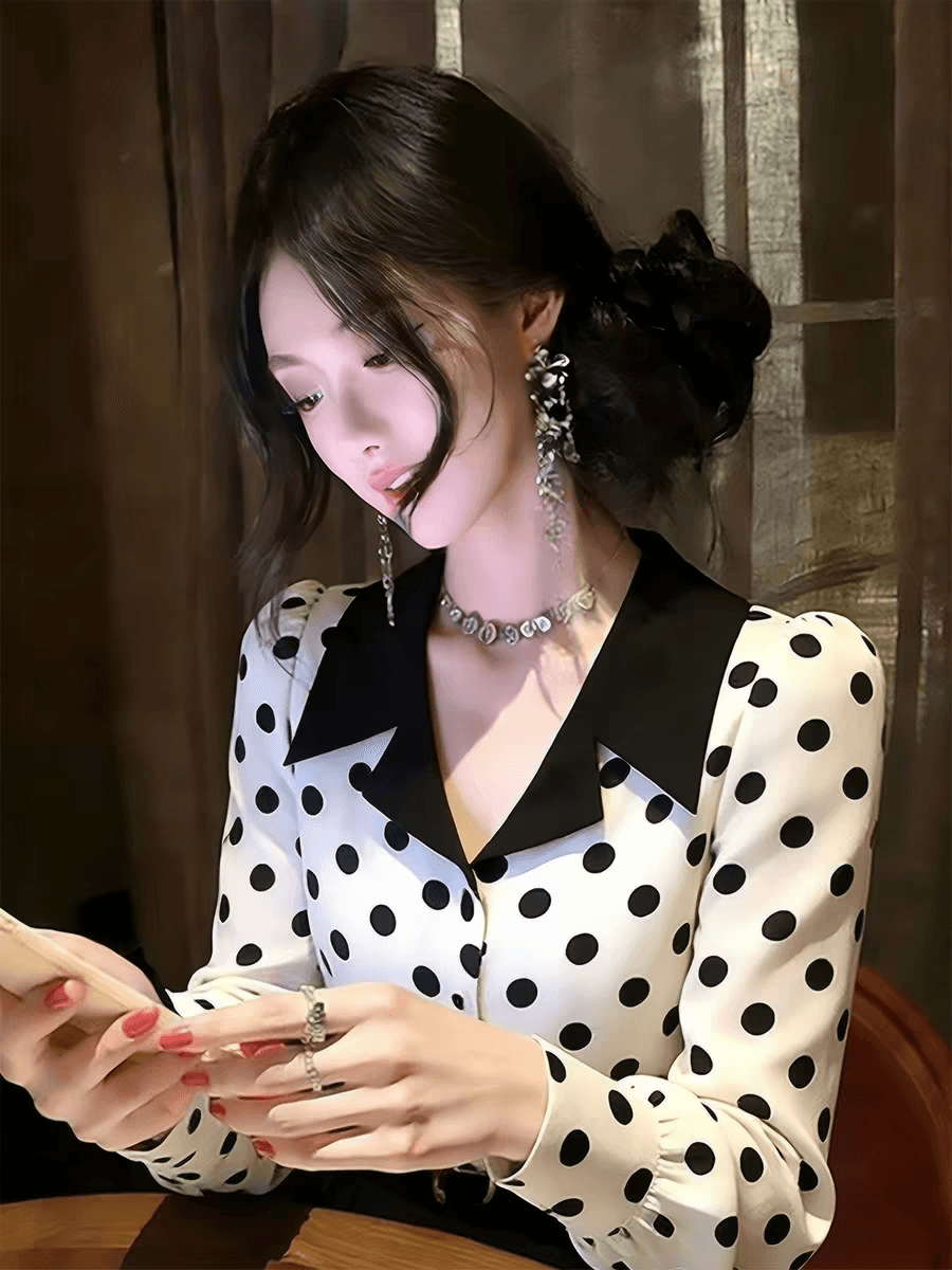 프랑스식 레트로 도트 무늬 배색 폴로 칼라 긴팔 여성 셔츠 가을 겨울 항구 바람 작은 대중 품격 패션 쉬폰 블라우스 맨위 상세 이미지 3