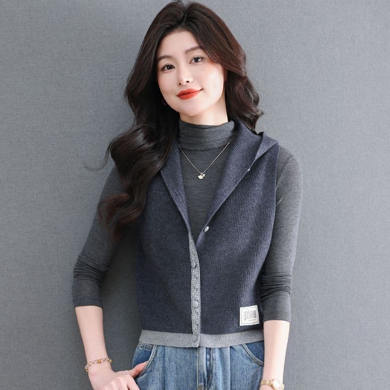 봄 가을 후드 오픈 가디건 베스트 2026 새로운 패션 니트 스웨터 외부 가져 가라. 신선함 귀여운 맨위 민소매 여성 셔츠 이미지 3