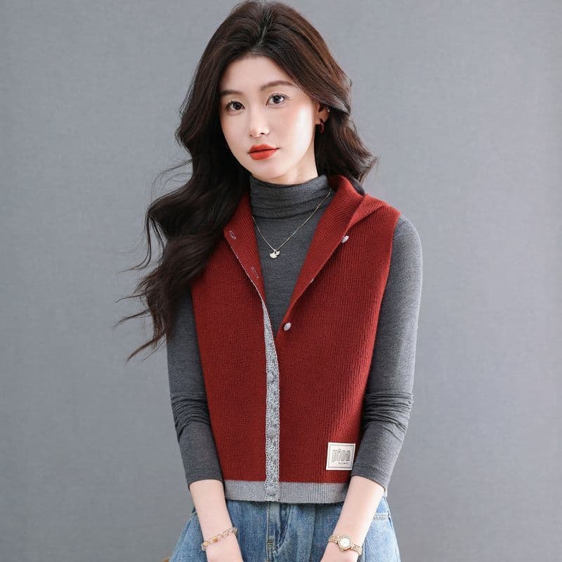 봄 가을 후드 오픈 가디건 베스트 2026 새로운 패션 니트 스웨터 외부 가져 가라. 신선함 귀여운 맨위 민소매 여성 셔츠 이미지 2