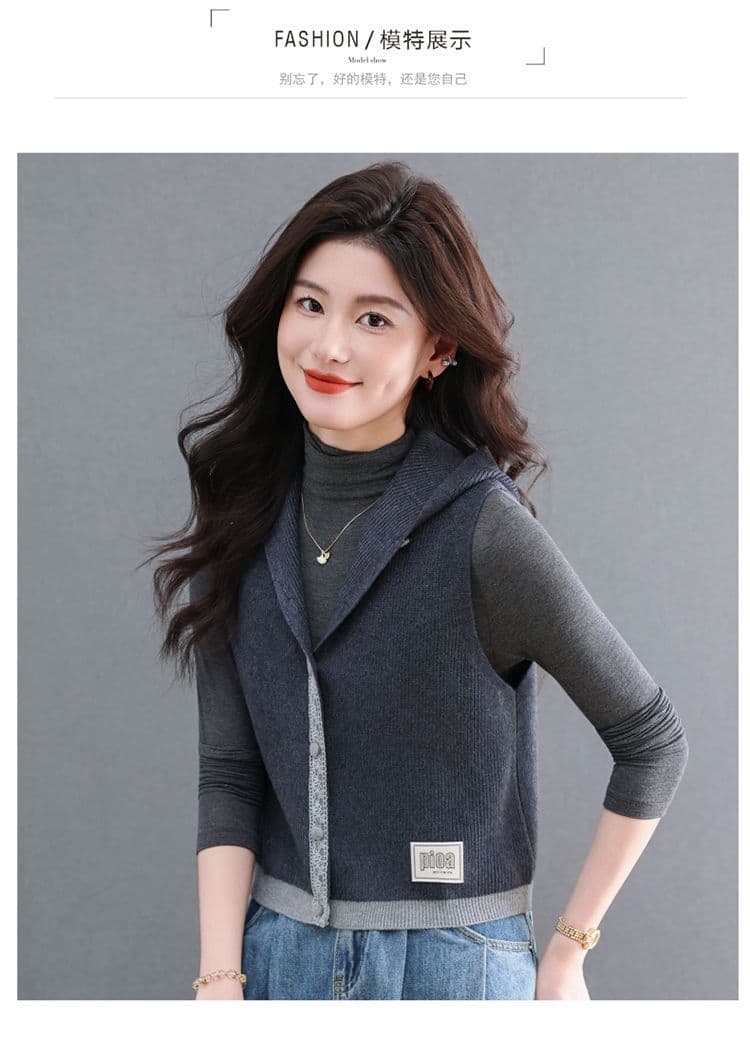 봄 가을 후드 오픈 가디건 베스트 2026 새로운 패션 니트 스웨터 외부 가져 가라. 신선함 귀여운 맨위 민소매 여성 셔츠 상세 이미지 9