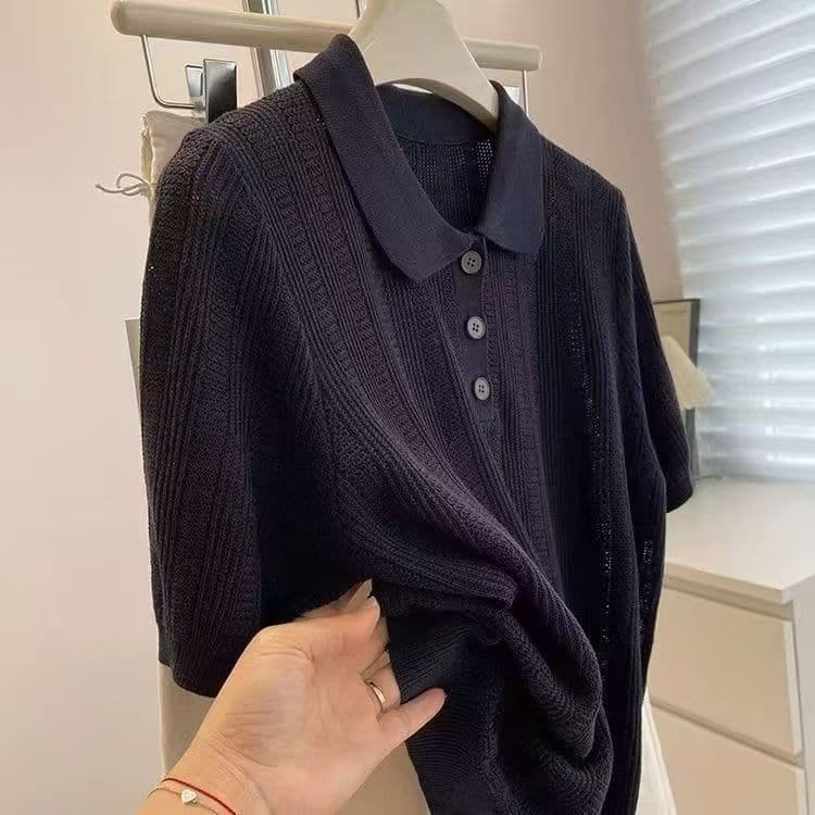느긋한 바람 패션 POLO 칼라 니트 스웨터 반팔 2026 여름 드레스 새로운 여성 의류 한 부서 루즈핏 단색 티셔츠 트렌디 이미지 3