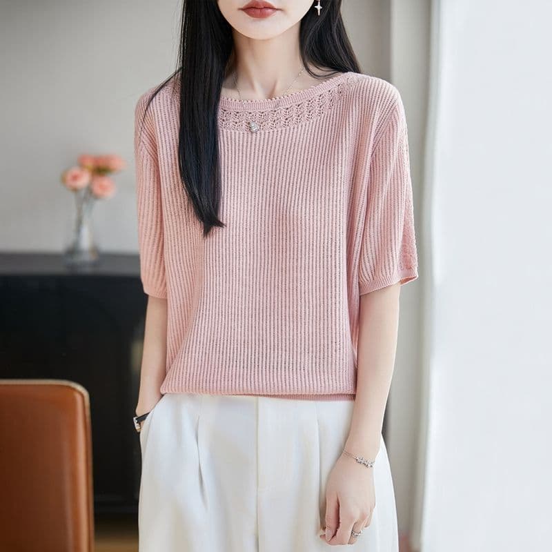 2026 봄 여름 새로운 라운드 넥 주간 실크 니트 스웨터 5 점 소매 프랑스식 레트로 연령 감소 디자인 센스 작은 대중 맨위 여성 이미지 4