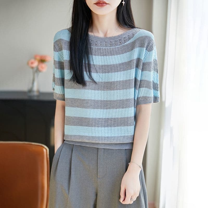 2026 봄 여름 새로운 라운드 넥 주간 실크 니트 스웨터 5 점 소매 프랑스식 레트로 연령 감소 디자인 센스 작은 대중 맨위 여성 이미지 2