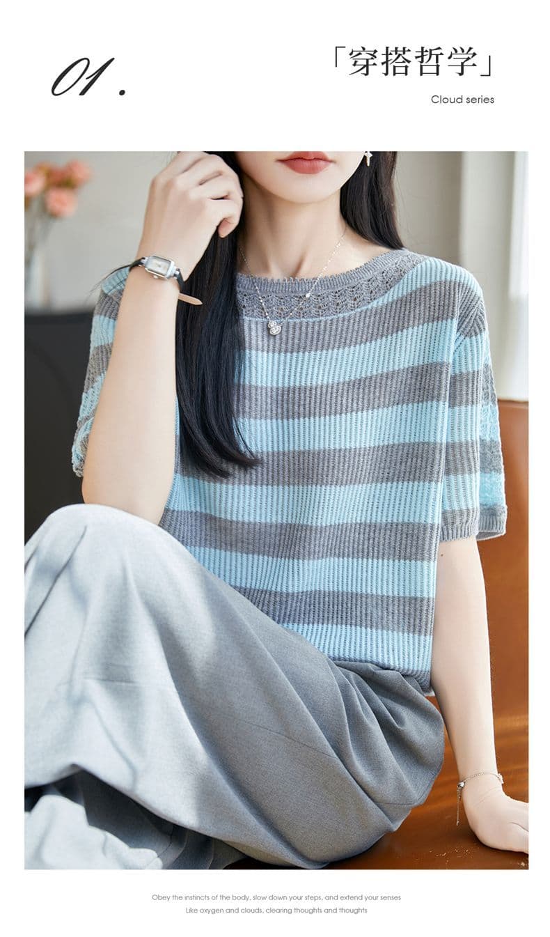 2026 봄 여름 새로운 라운드 넥 주간 실크 니트 스웨터 5 점 소매 프랑스식 레트로 연령 감소 디자인 센스 작은 대중 맨위 여성 상세 이미지 9