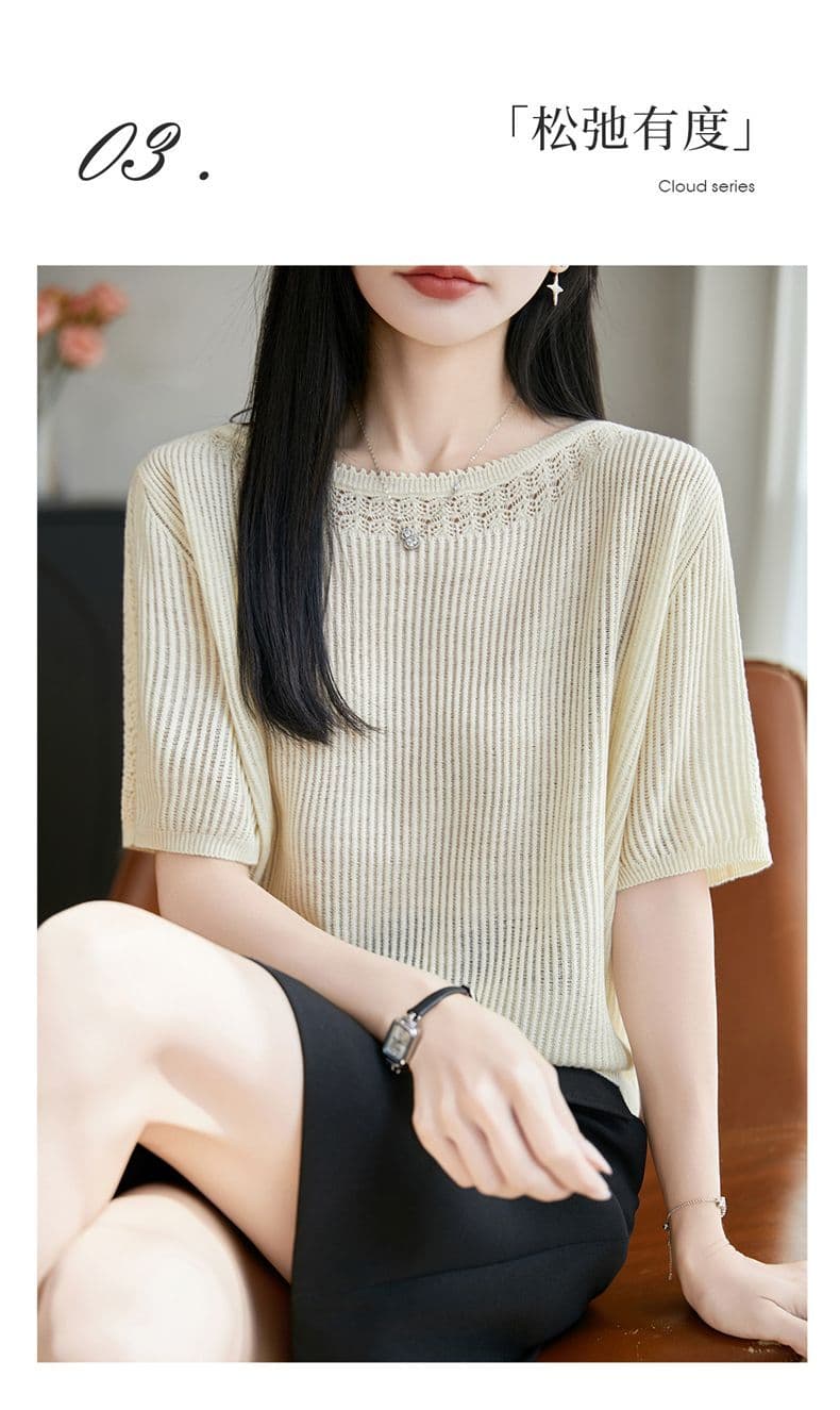 2026 봄 여름 새로운 라운드 넥 주간 실크 니트 스웨터 5 점 소매 프랑스식 레트로 연령 감소 디자인 센스 작은 대중 맨위 여성 상세 이미지 15