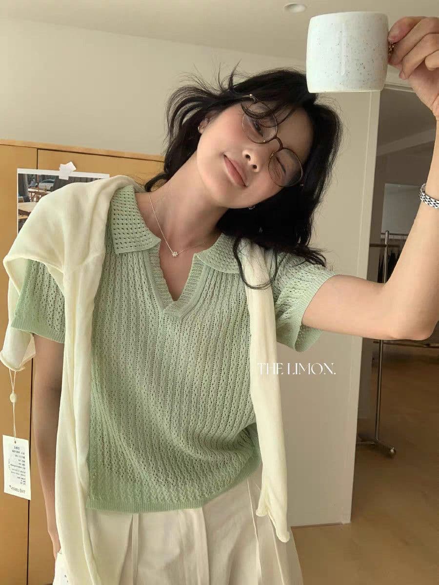 한 부서 폴로 칼라 홀로우 아웃 반팔 얼음 실크 니트 스웨터 여성 2026 여름 패션 루즈핏 통기성 얇은 스타일 POLO 칼라 티셔츠 상세 이미지 10