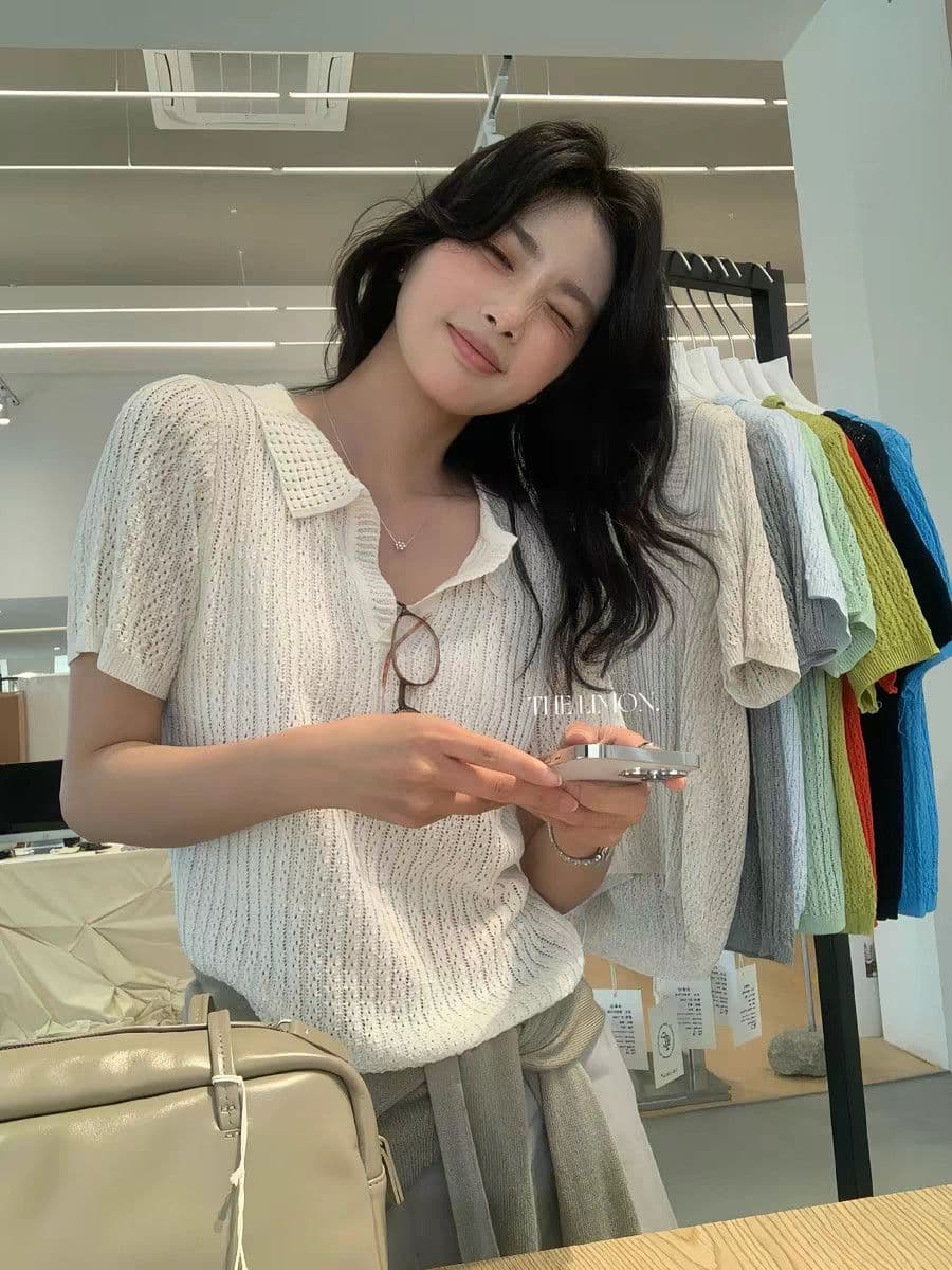 한 부서 폴로 칼라 홀로우 아웃 반팔 얼음 실크 니트 스웨터 여성 2026 여름 패션 루즈핏 통기성 얇은 스타일 POLO 칼라 티셔츠 상세 이미지 16