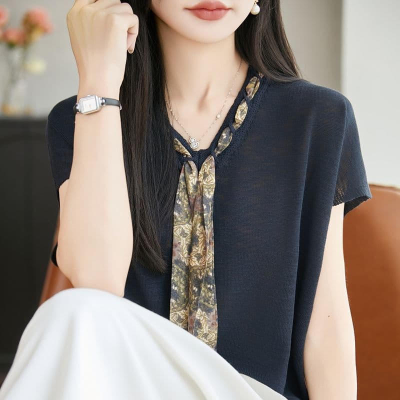 프랑스식 복잡한 고대 돈 바람 느긋한 스카프 대나무 마디 니트 스웨터 여성 반팔 단색 다용도 디자인 맨위 여성 이미지 4