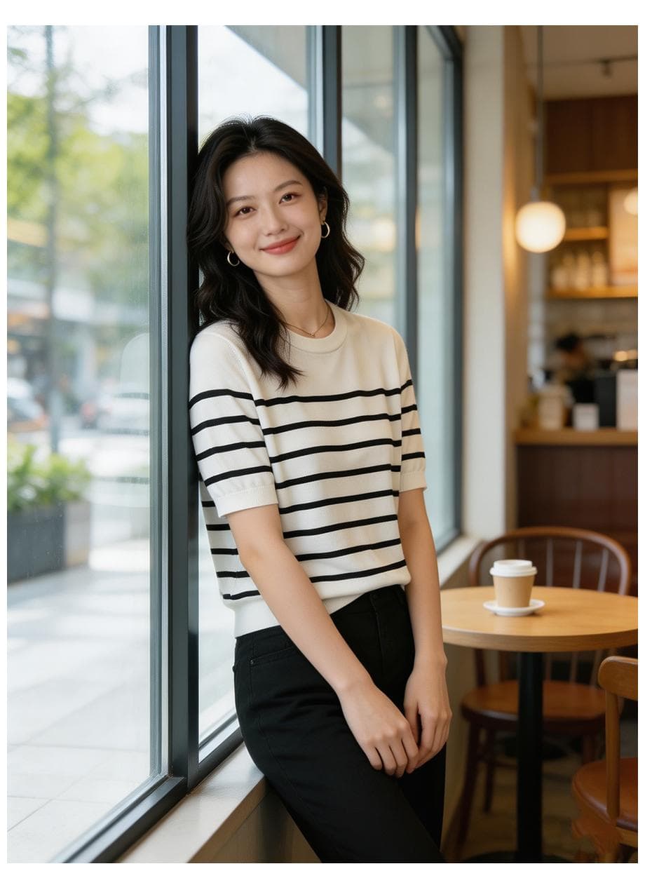 여름 클래식 라이 경기 서울 주간 실크 패션 연령 감소 외국 가스 슬림해 보이는 다용도 라운드 넥 스트라이프 니트 반팔 맨위 여성 상세 이미지 12