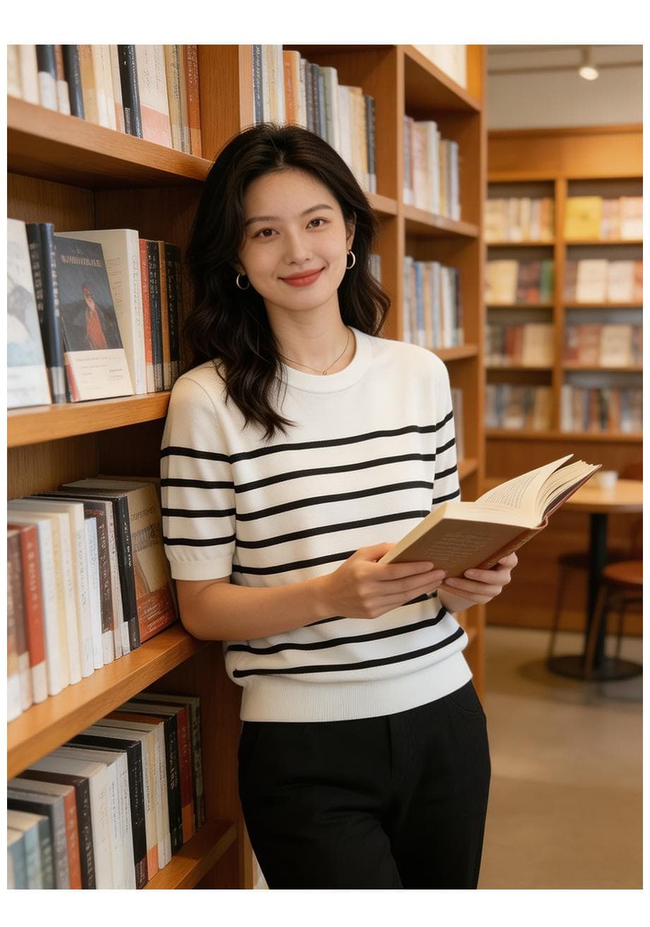 여름 클래식 라이 경기 서울 주간 실크 패션 연령 감소 외국 가스 슬림해 보이는 다용도 라운드 넥 스트라이프 니트 반팔 맨위 여성 상세 이미지 14