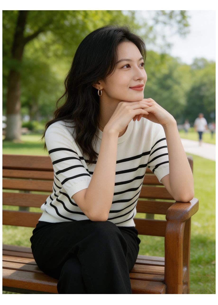 여름 클래식 라이 경기 서울 주간 실크 패션 연령 감소 외국 가스 슬림해 보이는 다용도 라운드 넥 스트라이프 니트 반팔 맨위 여성 상세 이미지 15