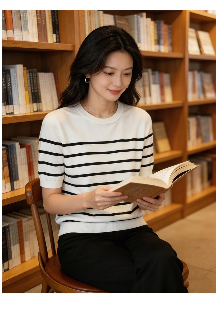 여름 클래식 라이 경기 서울 주간 실크 패션 연령 감소 외국 가스 슬림해 보이는 다용도 라운드 넥 스트라이프 니트 반팔 맨위 여성 상세 이미지 16