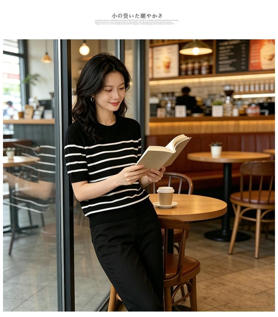 여름 클래식 라이 경기 서울 주간 실크 패션 연령 감소 외국 가스 슬림해 보이는 다용도 라운드 넥 스트라이프 니트 반팔 맨위 여성 상세 이미지 17