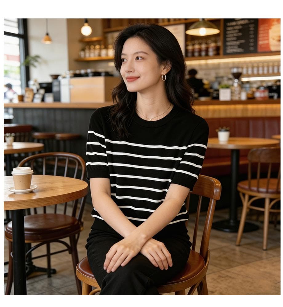 여름 클래식 라이 경기 서울 주간 실크 패션 연령 감소 외국 가스 슬림해 보이는 다용도 라운드 넥 스트라이프 니트 반팔 맨위 여성 상세 이미지 20