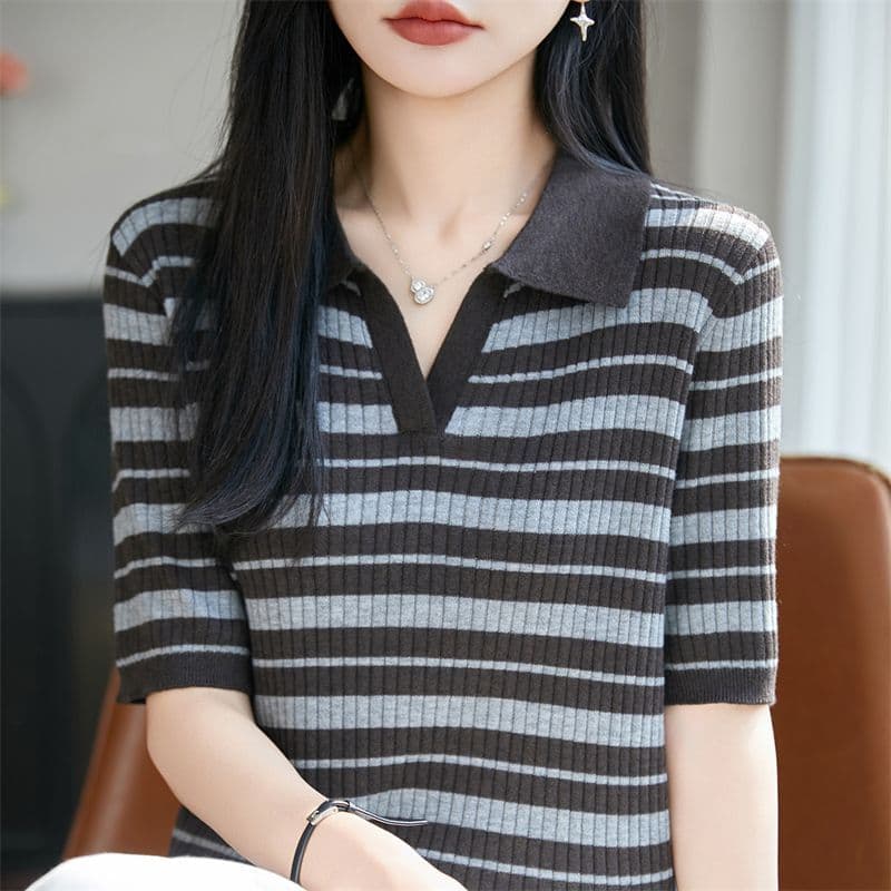 POLO 칼라 패션 다용도 주간 실크 니트 스웨터 슬림해 보이는 여름 신제품 연령 감소 인사이드 가져 가라. 표지 고기 맨위 출퇴근 얇은 스타일 이미지 3