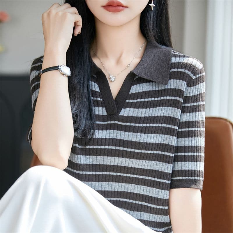 POLO 칼라 패션 다용도 주간 실크 니트 스웨터 슬림해 보이는 여름 신제품 연령 감소 인사이드 가져 가라. 표지 고기 맨위 출퇴근 얇은 스타일 이미지 5