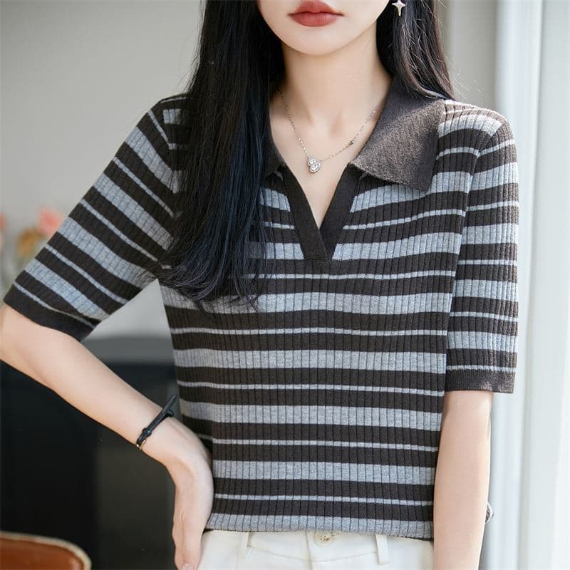 POLO 칼라 패션 다용도 주간 실크 니트 스웨터 슬림해 보이는 여름 신제품 연령 감소 인사이드 가져 가라. 표지 고기 맨위 출퇴근 얇은 스타일 이미지 4