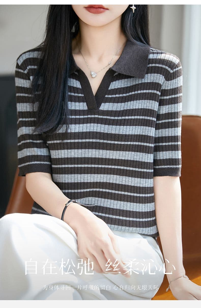 POLO 칼라 패션 다용도 주간 실크 니트 스웨터 슬림해 보이는 여름 신제품 연령 감소 인사이드 가져 가라. 표지 고기 맨위 출퇴근 얇은 스타일 상세 이미지 1