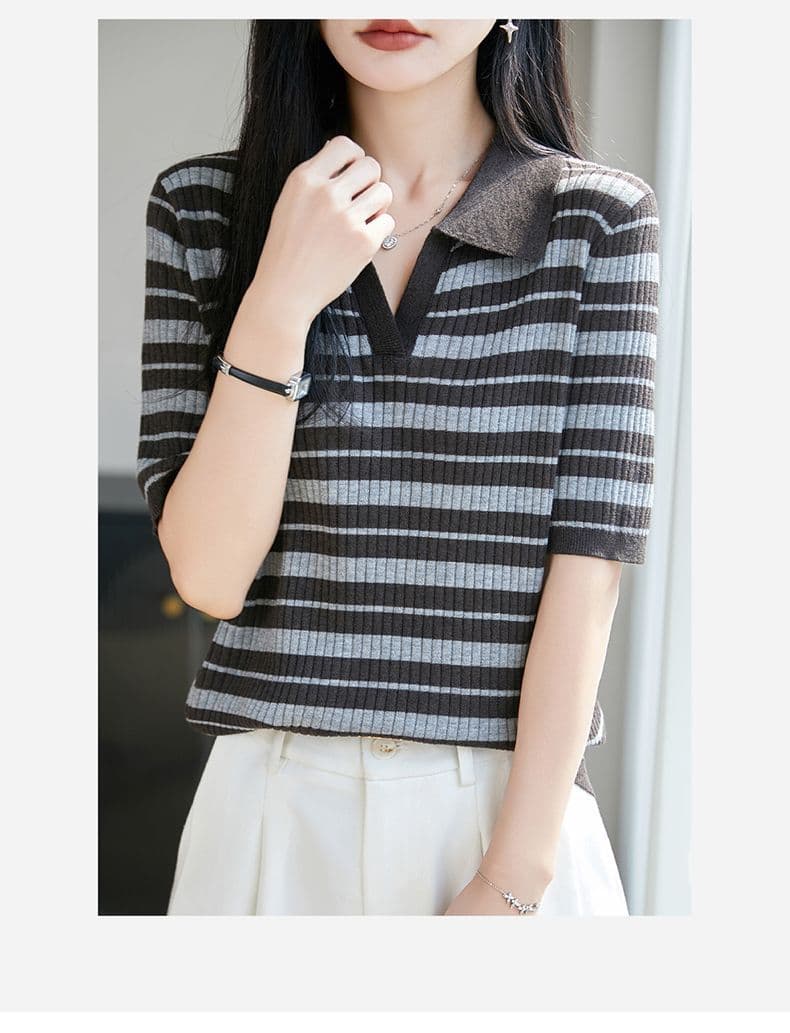 POLO 칼라 패션 다용도 주간 실크 니트 스웨터 슬림해 보이는 여름 신제품 연령 감소 인사이드 가져 가라. 표지 고기 맨위 출퇴근 얇은 스타일 상세 이미지 3