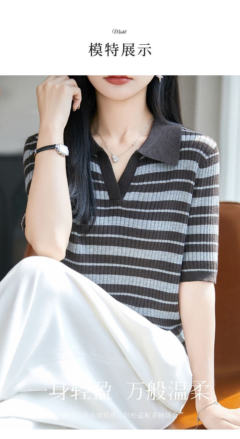 POLO 칼라 패션 다용도 주간 실크 니트 스웨터 슬림해 보이는 여름 신제품 연령 감소 인사이드 가져 가라. 표지 고기 맨위 출퇴근 얇은 스타일 상세 이미지 11