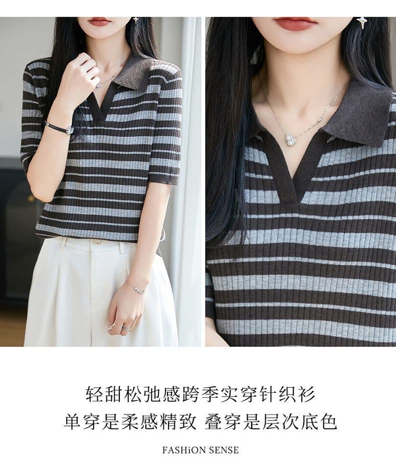 POLO 칼라 패션 다용도 주간 실크 니트 스웨터 슬림해 보이는 여름 신제품 연령 감소 인사이드 가져 가라. 표지 고기 맨위 출퇴근 얇은 스타일 상세 이미지 13