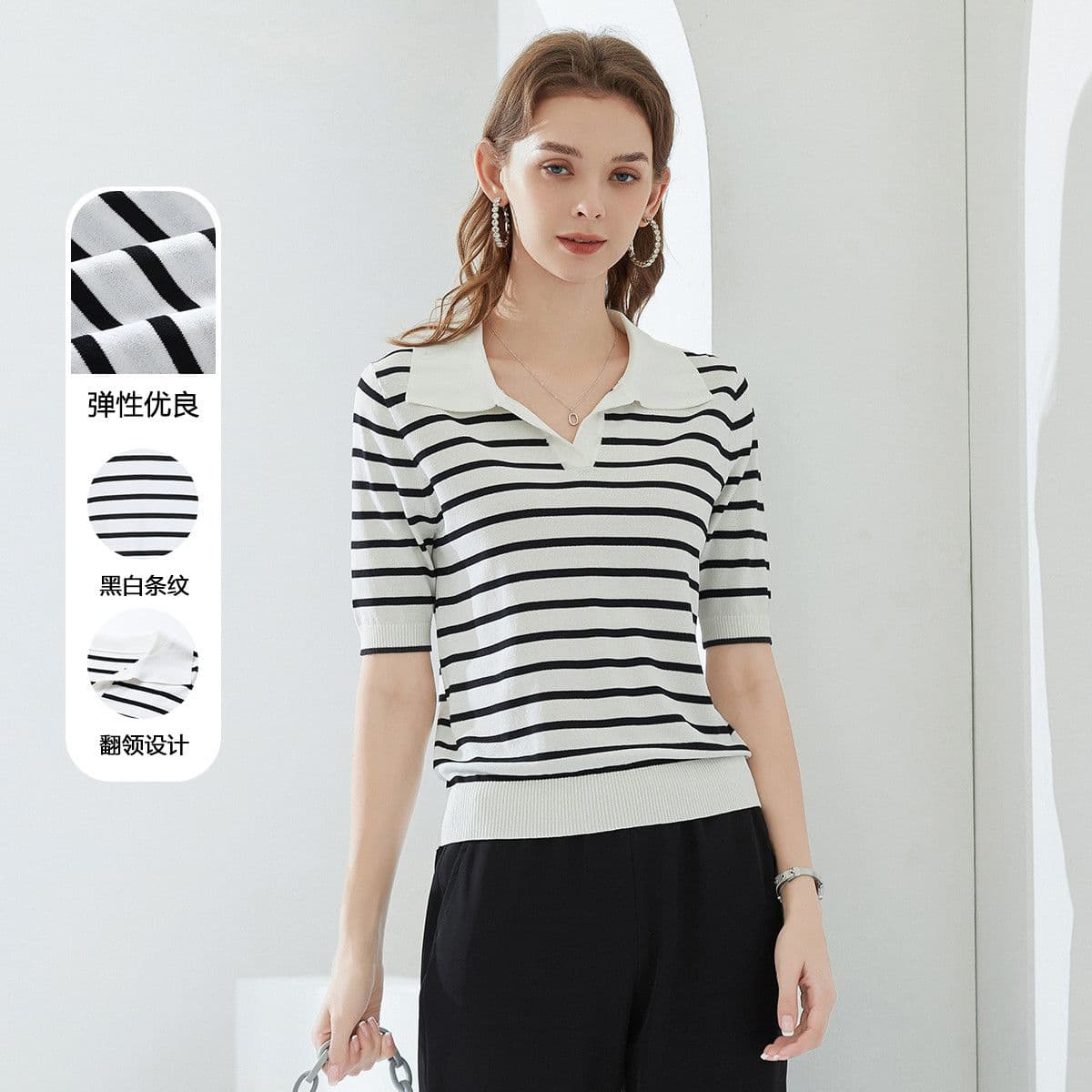 한 부서 새로운 캐주얼 다용도 스트라이프 얼음 실크 니트 스웨터 POLO 칼라 루즈핏 표지 고기 연령 감소 반팔 티셔츠 맨위 상세 이미지 1