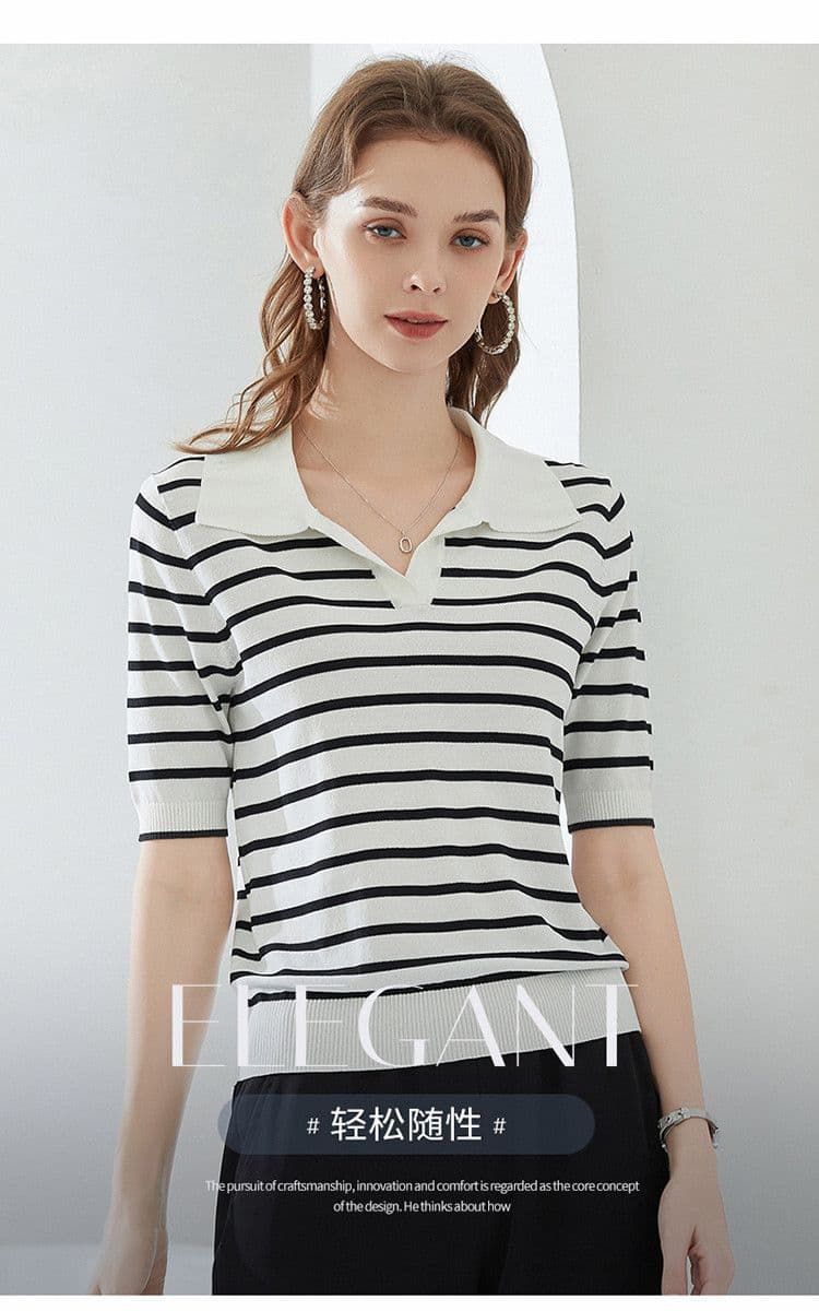 한 부서 새로운 캐주얼 다용도 스트라이프 얼음 실크 니트 스웨터 POLO 칼라 루즈핏 표지 고기 연령 감소 반팔 티셔츠 맨위 상세 이미지 3